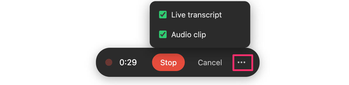 Breeze voice note options for inserting a transcript, an audio clip, or both