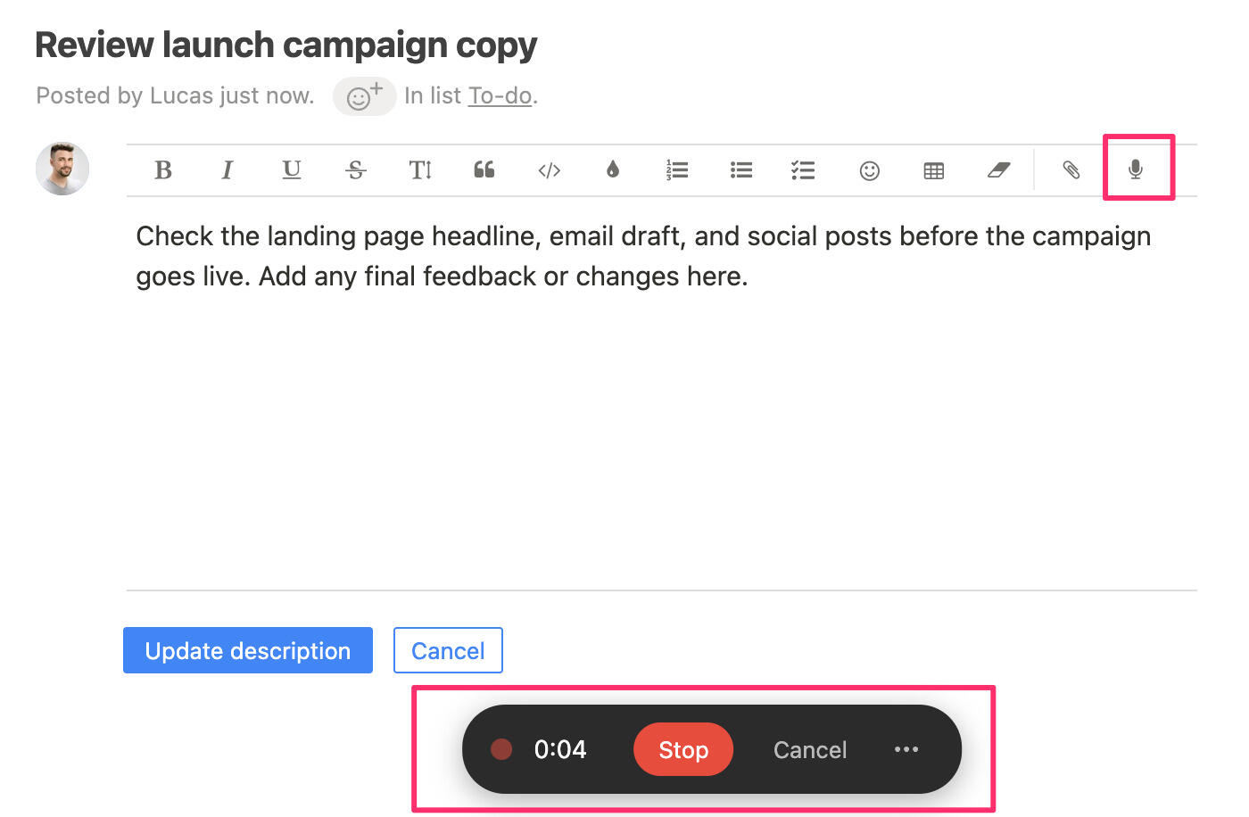 Breeze task editor with voice note recording available width=