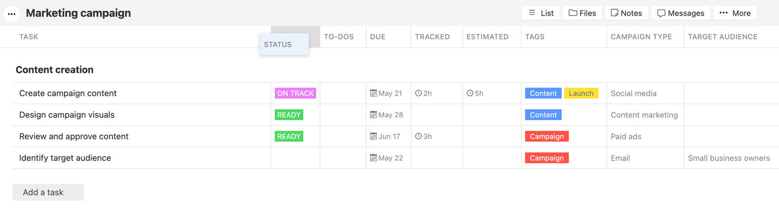 Project list layout ordering columns