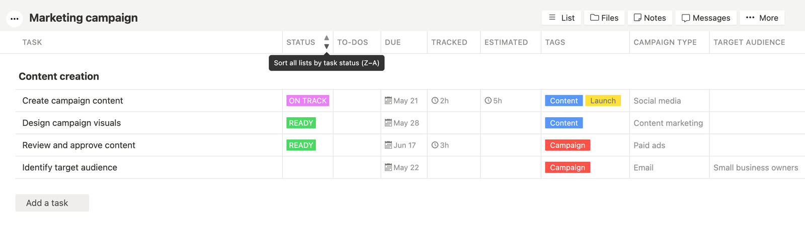 Project list layout sorting columns