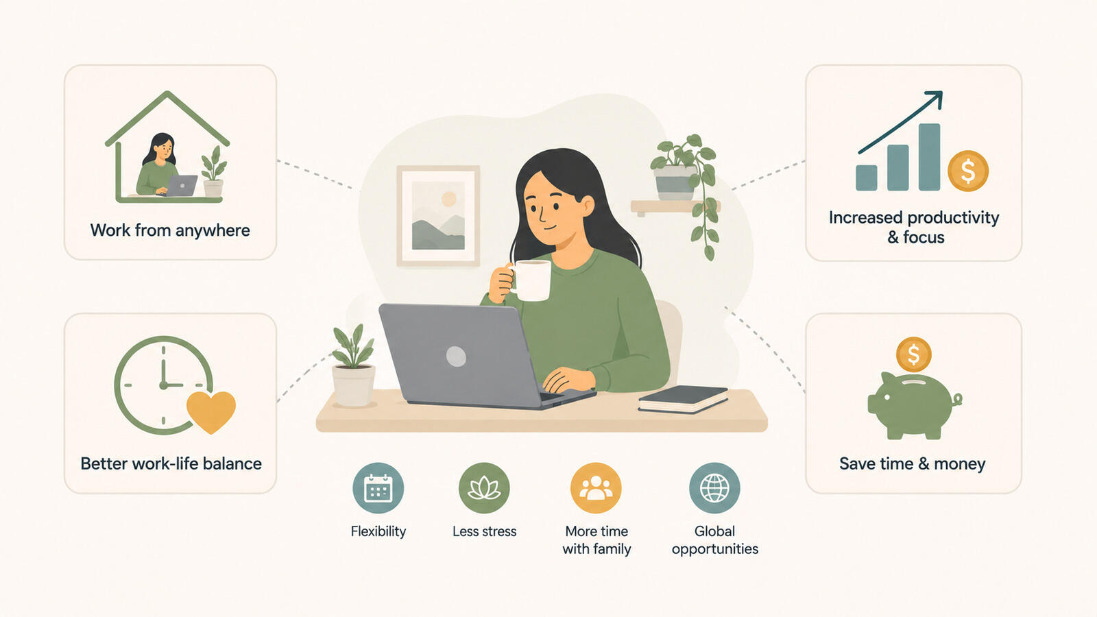 Remote work benefits including flexibility, focus, and talent access