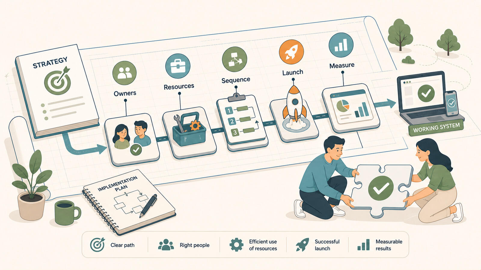An implementation plan that maps goals to owners, timeline, and risks