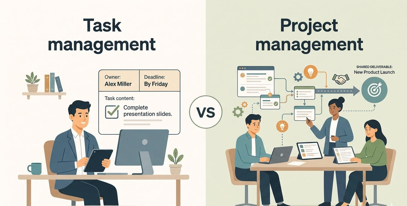 Task management versus project management compared side by side