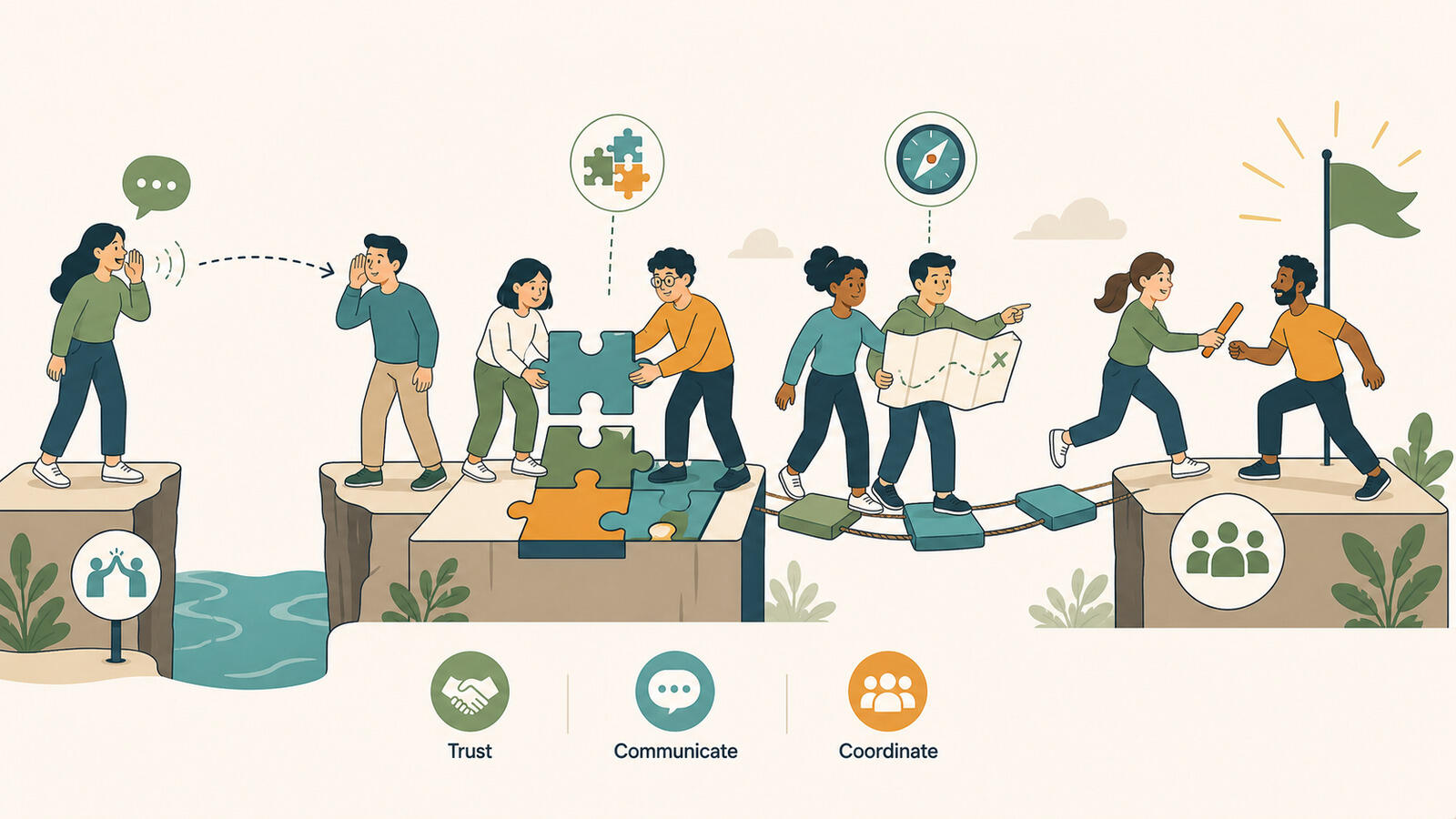A team playing a collaborative team building game together