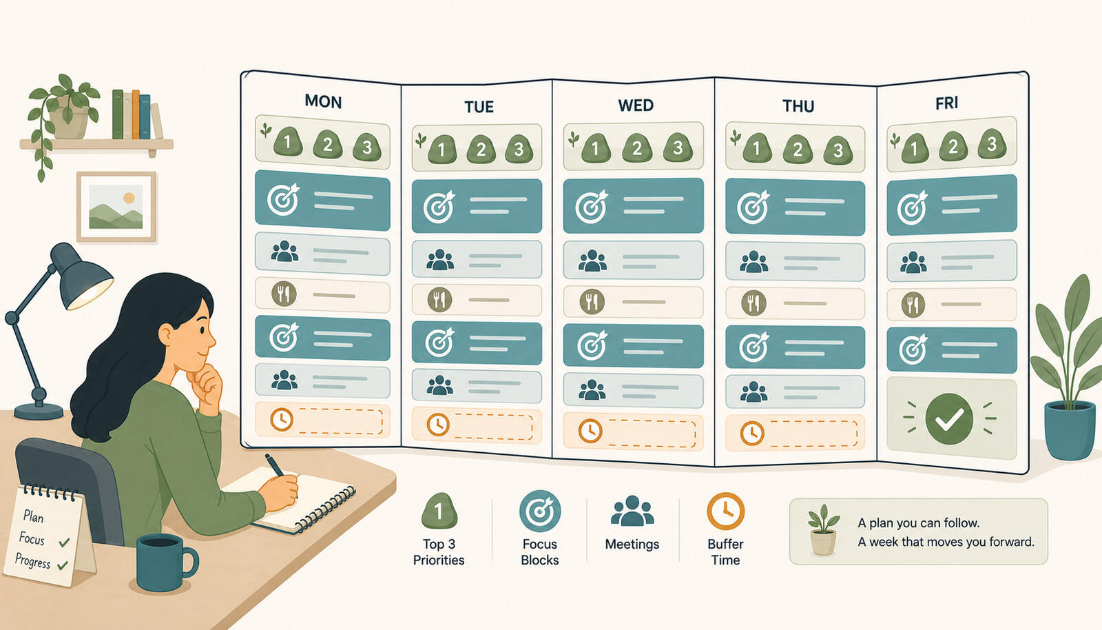 A weekly work plan laid out across the days of the week