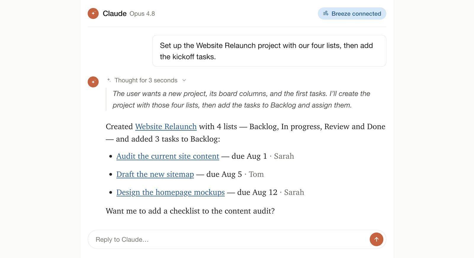 Claude creating a Breeze project with lists and tasks