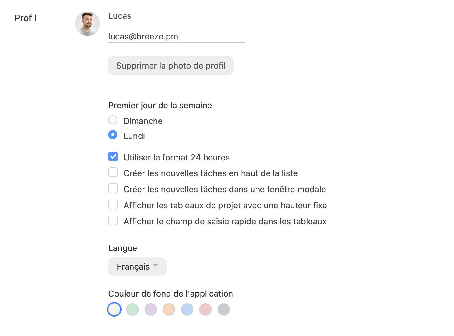 Breeze profile settings in French, with the Langue setting showing Français