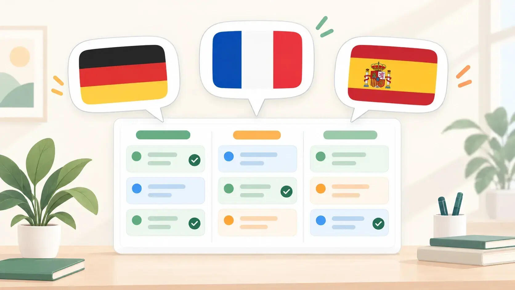 Three speech bubbles carrying the German, French and Spanish flags above a Breeze project board