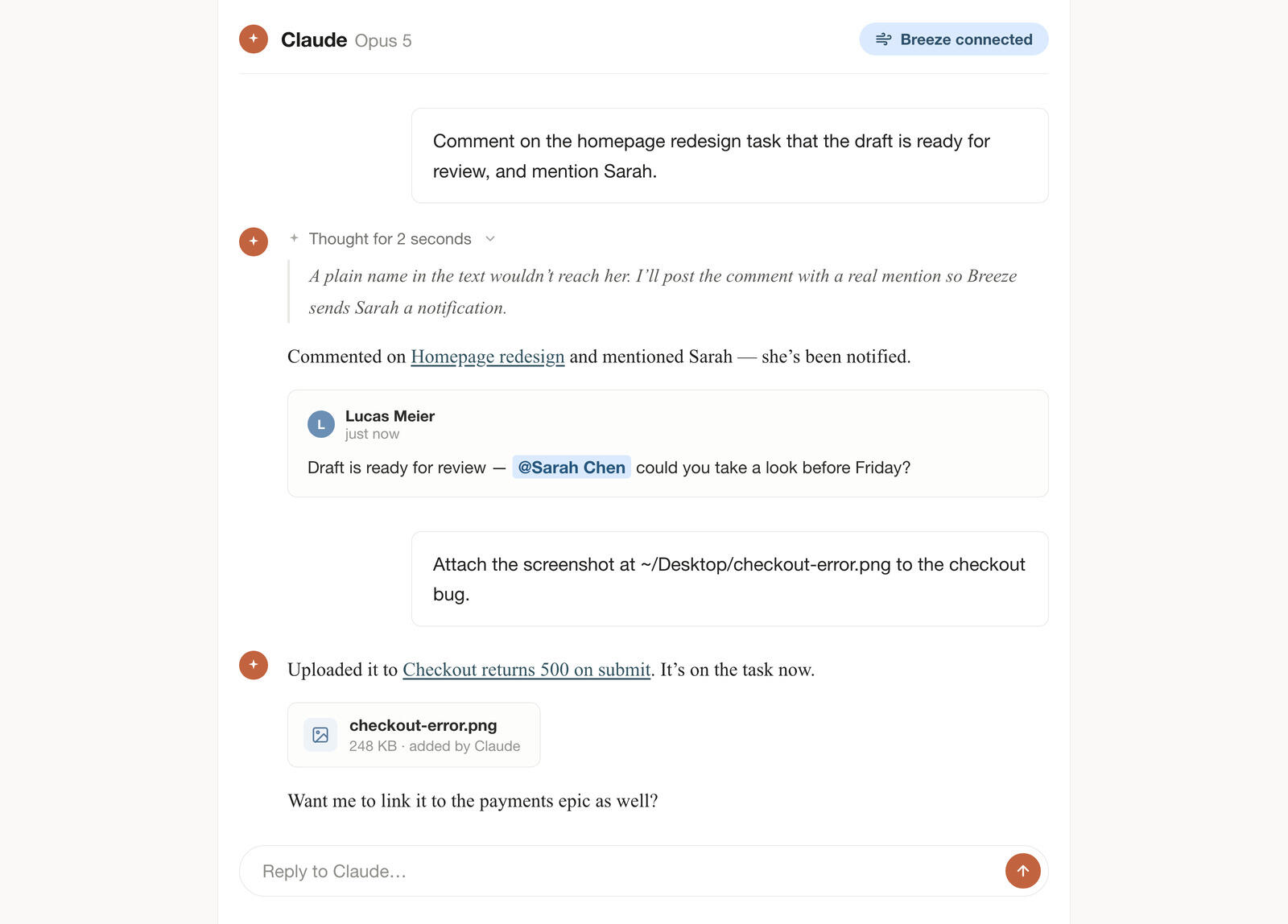Claude posting a Breeze comment with an @mention and attaching a file to a task