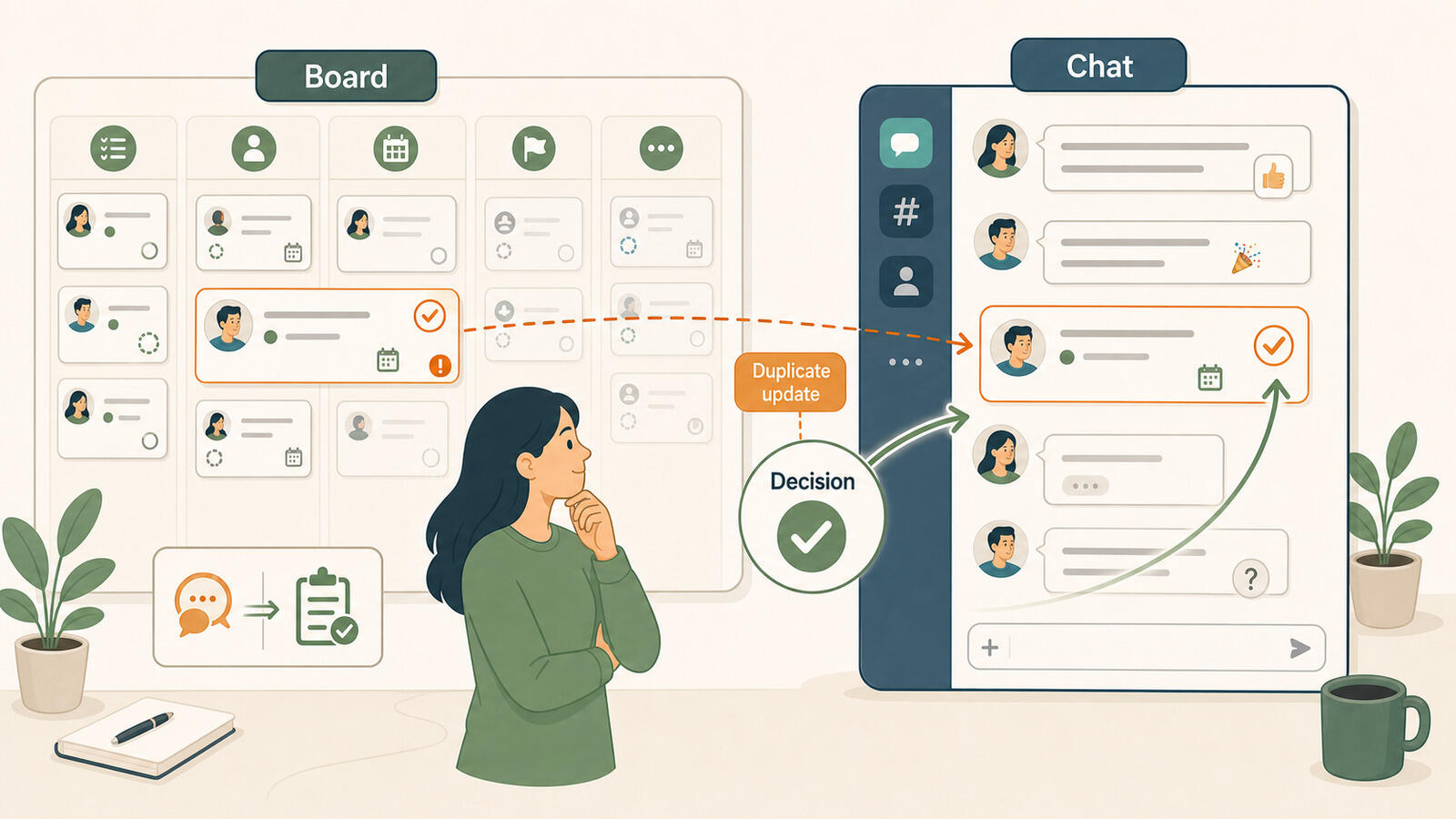 A project board beside a chat window as a team drifts back to Slack