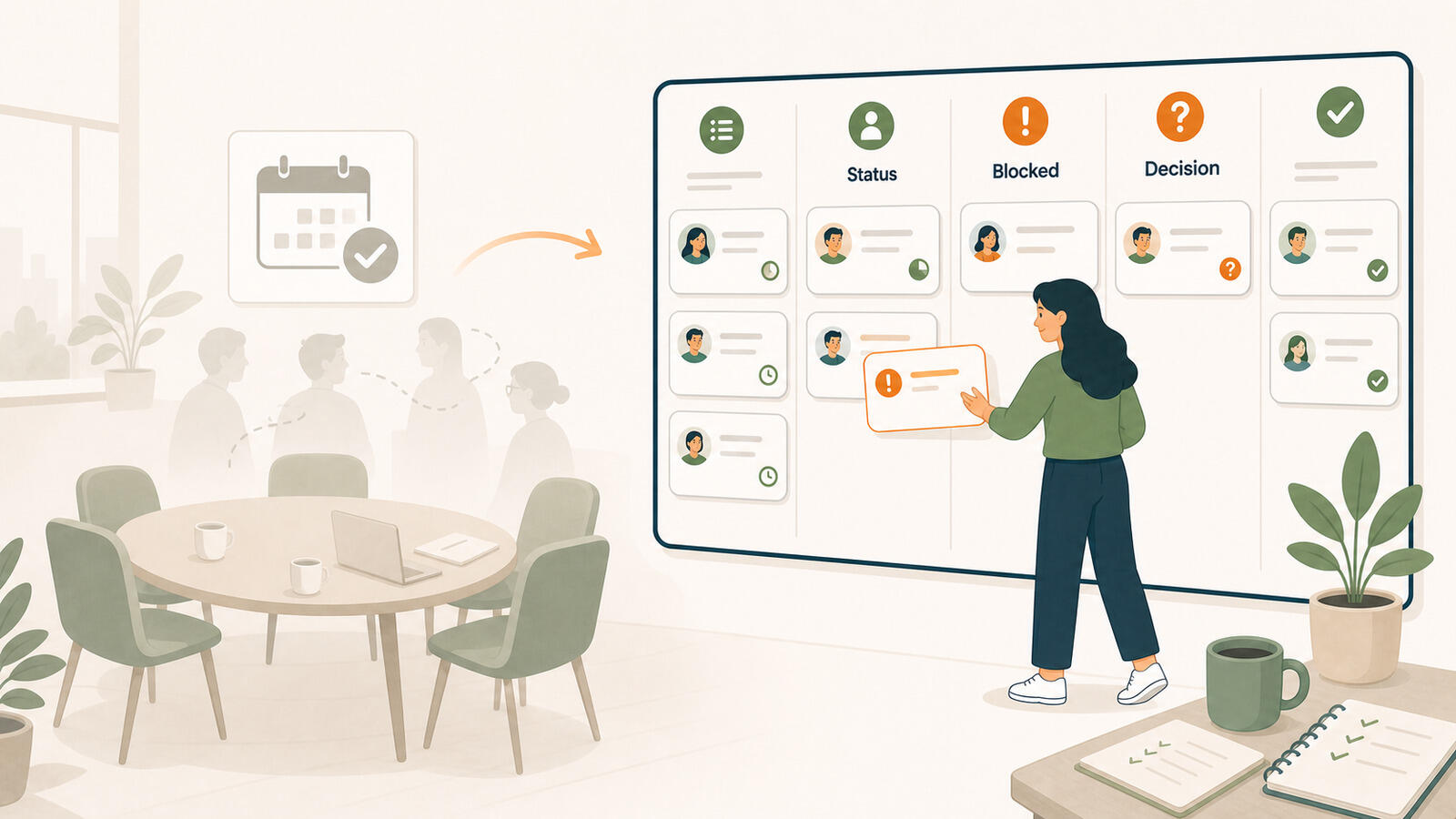 A small team tracking project status on a board instead of in status meetings