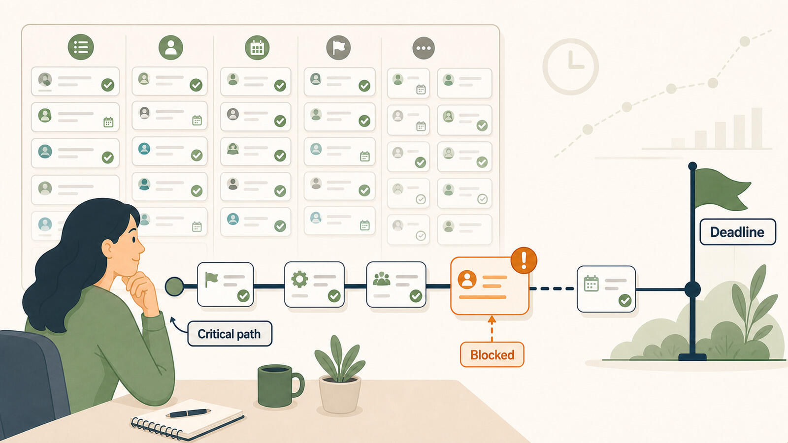 A project timeline where busy work hides the blocked tasks on the critical path