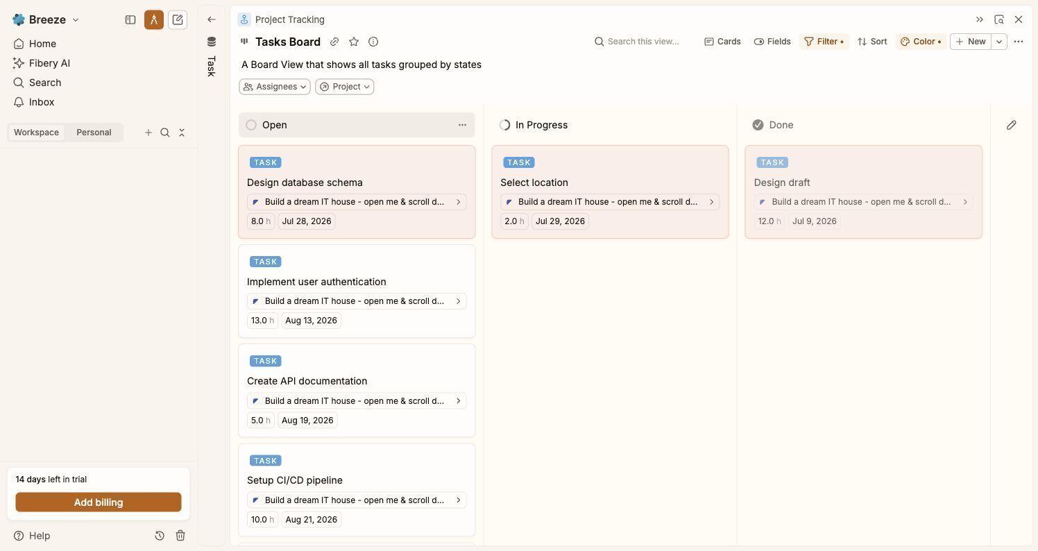 Fibery task board showing status columns and related project fields