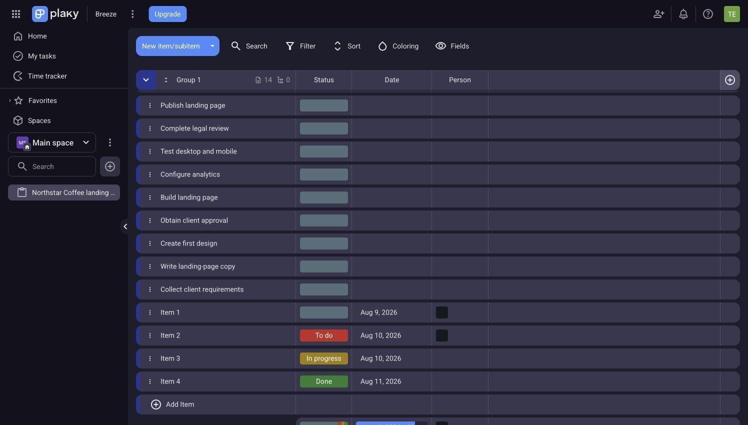 Plaky board showing task rows status dates and assignees