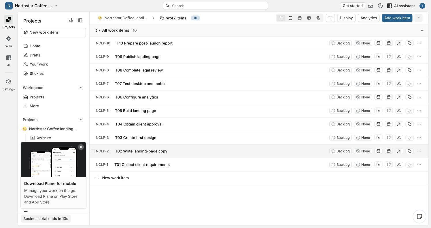 Plane work item list for the Northstar Coffee launch project