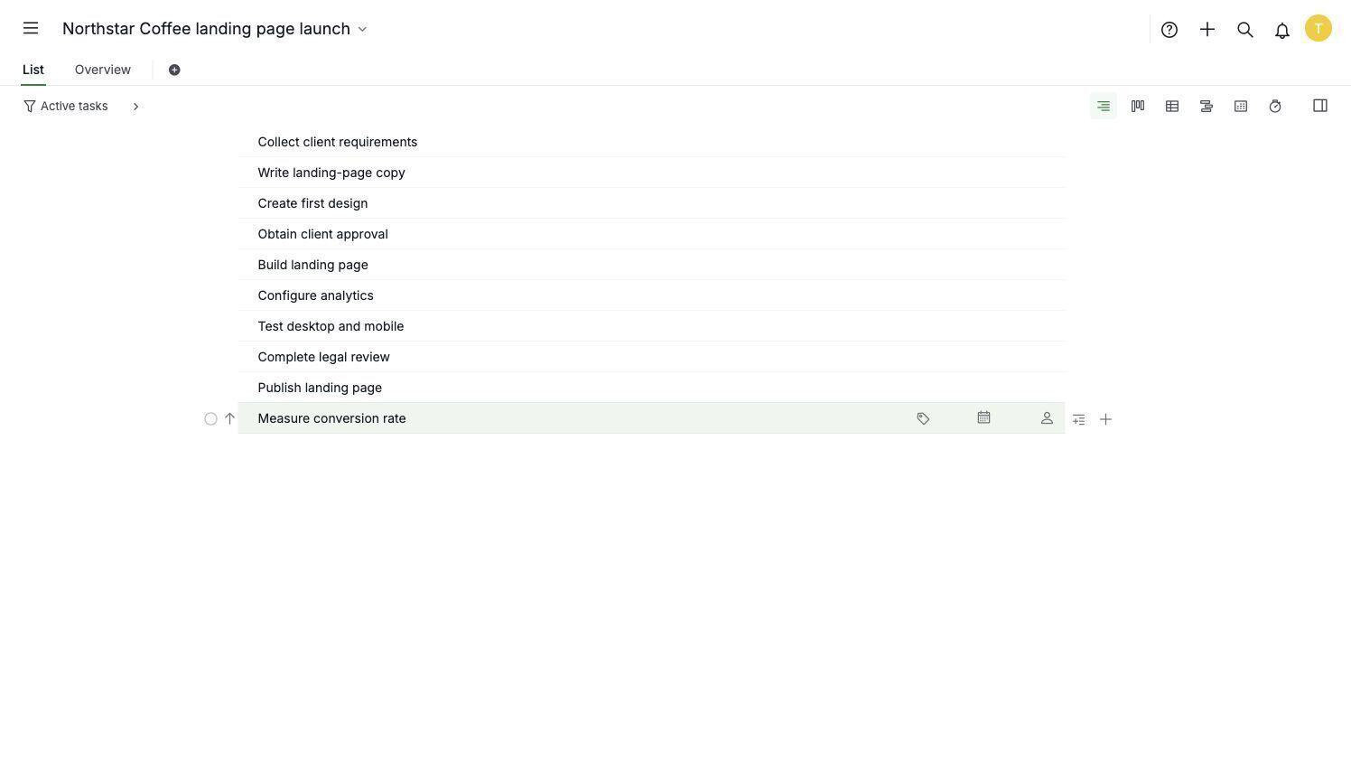 Quire list view showing ten tasks for a website launch
