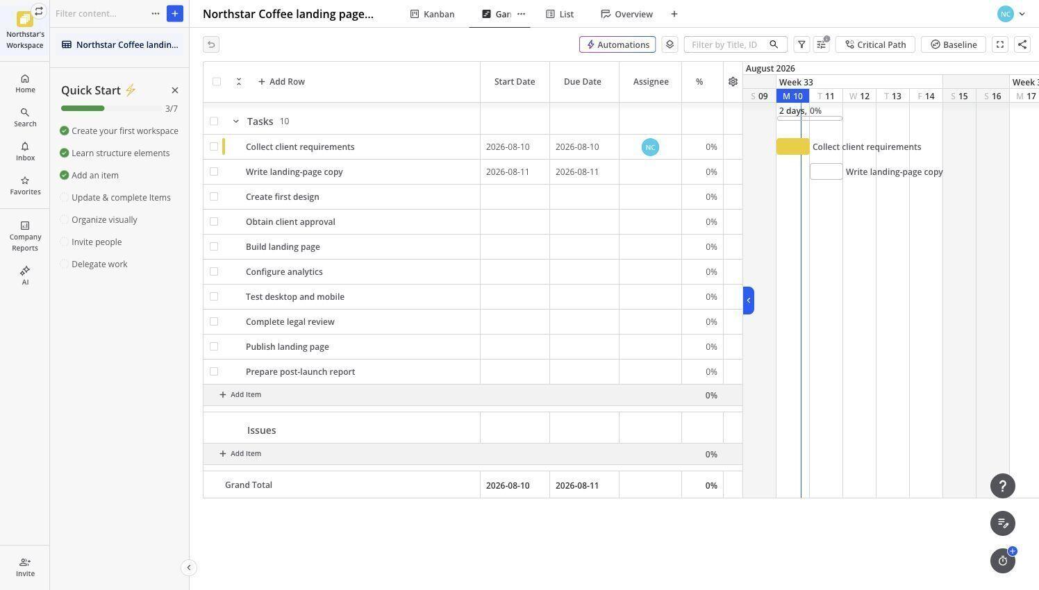 Teamhood Gantt view showing launch tasks against an August schedule