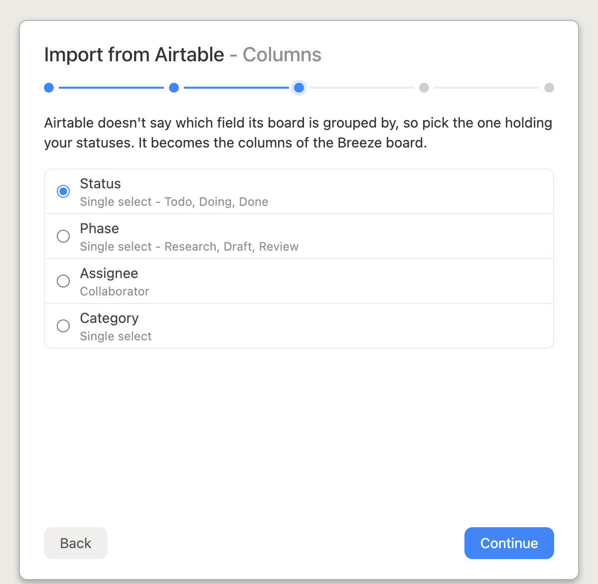 Choosing which Airtable field becomes the board columns in Breeze