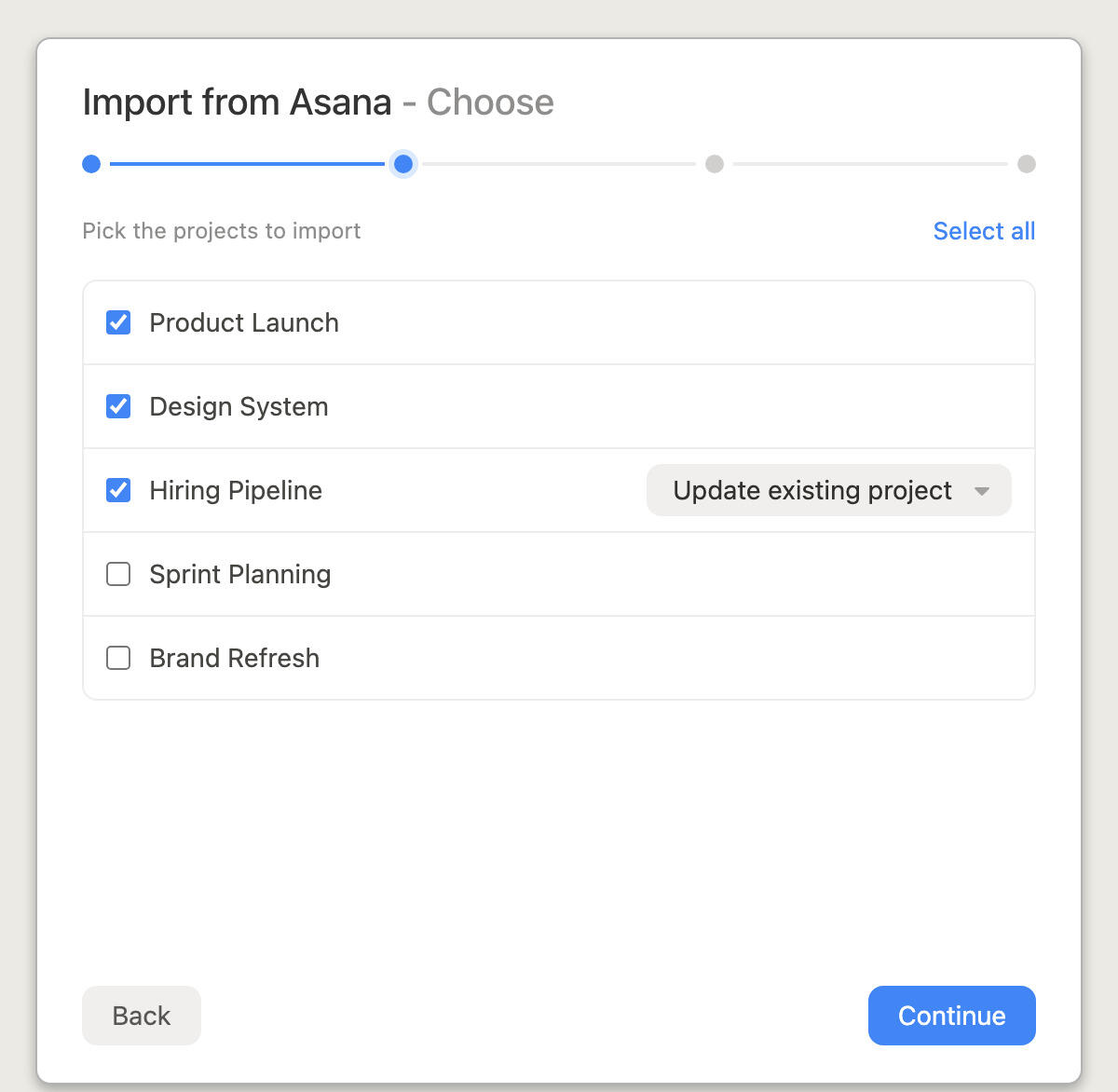 Choosing which Asana projects to import into Breeze