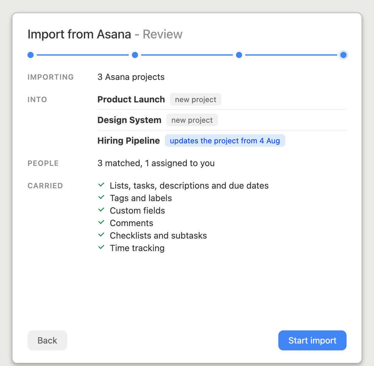 Reviewing an Asana import in Breeze before starting it