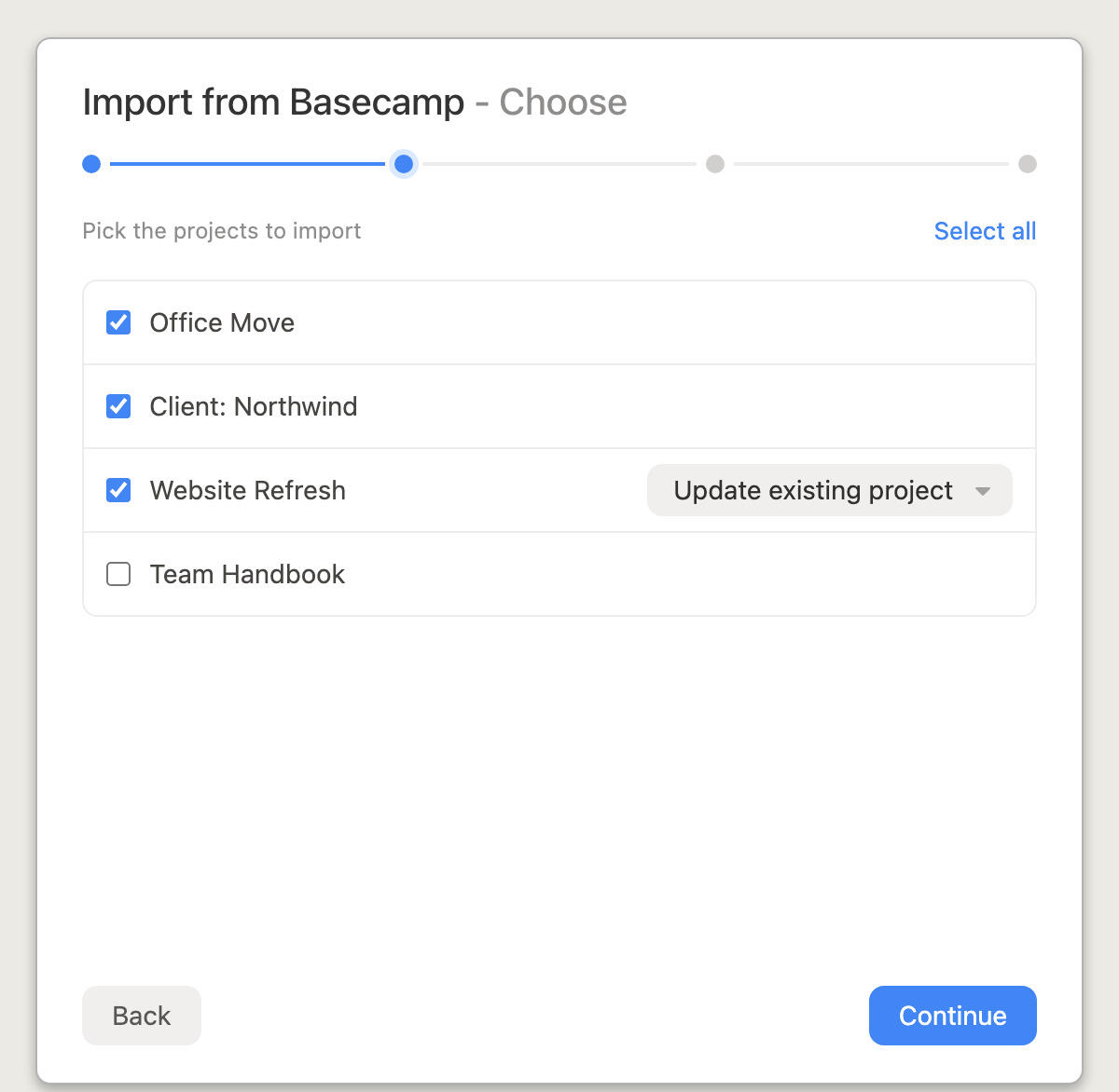 Choosing which Basecamp projects to import into Breeze