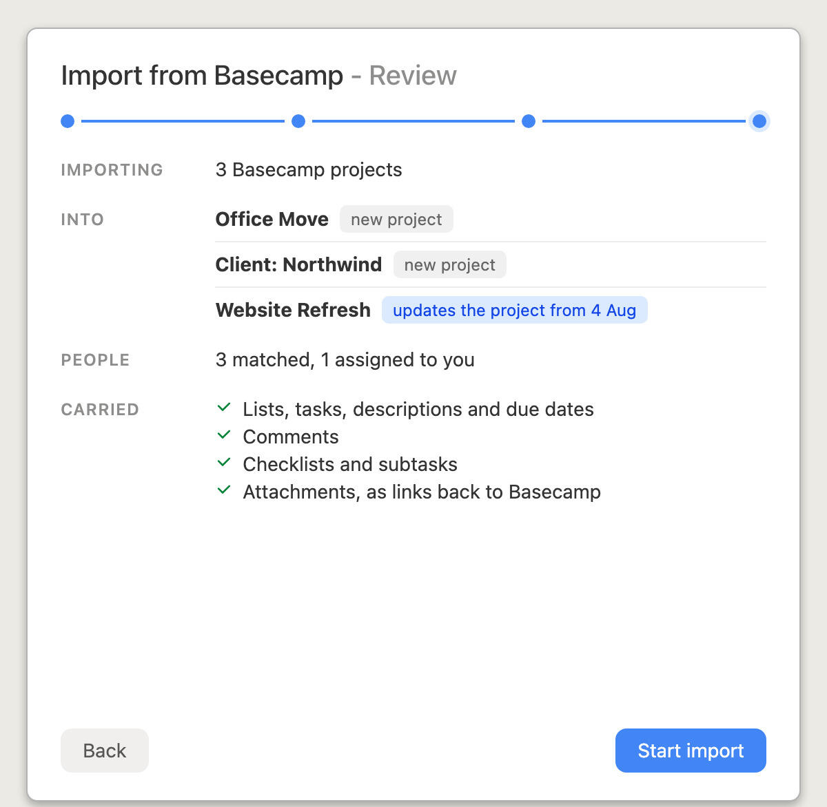 Reviewing a Basecamp import in Breeze before starting it