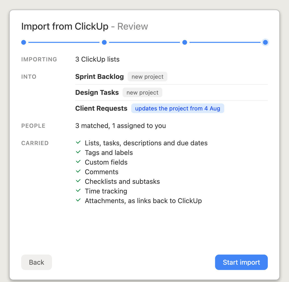 Reviewing a ClickUp import in Breeze before starting it