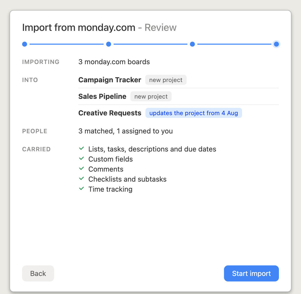 Reviewing a monday.com import in Breeze before starting it