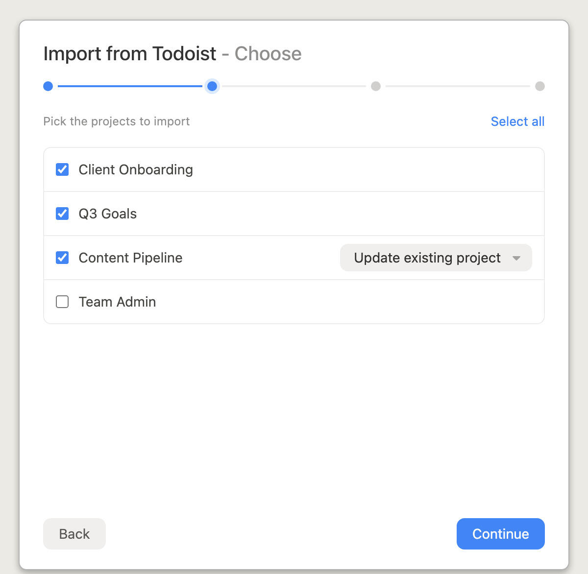 Choosing which Todoist projects to import into Breeze