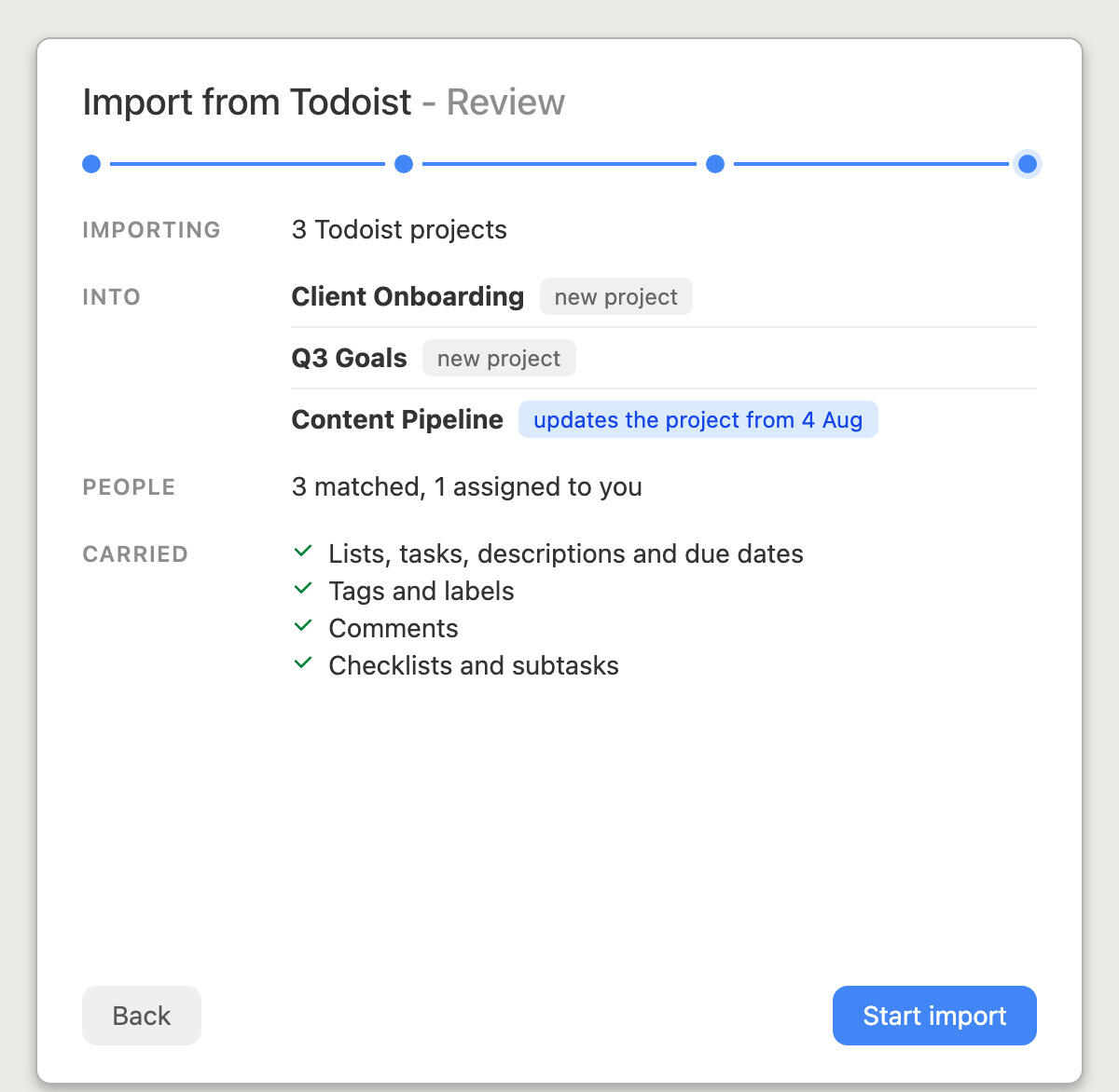 Reviewing a Todoist import in Breeze before starting it