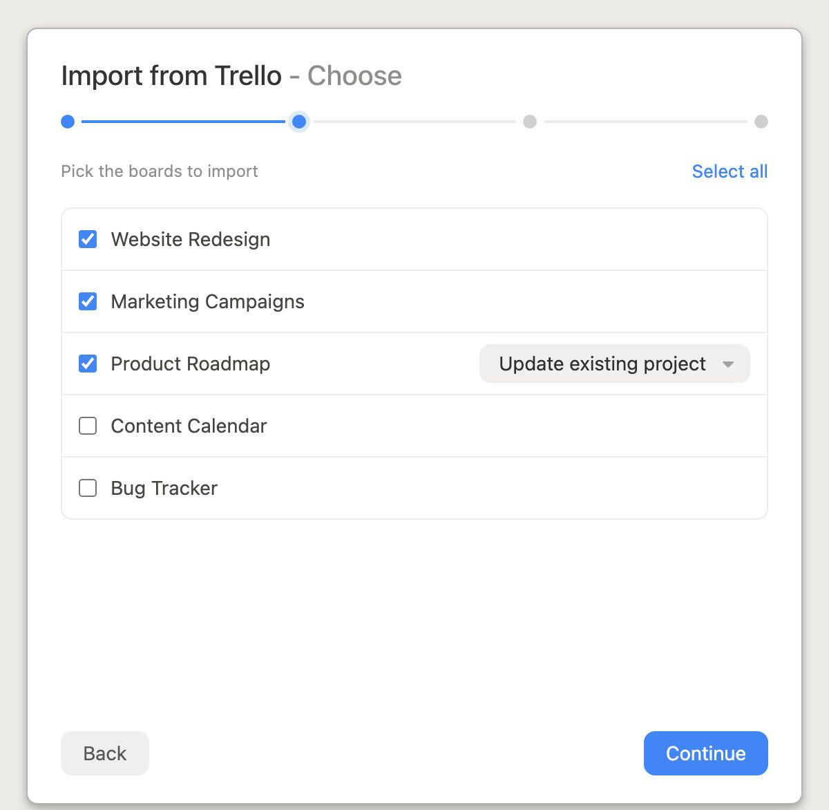 Choosing which Trello boards to import into Breeze
