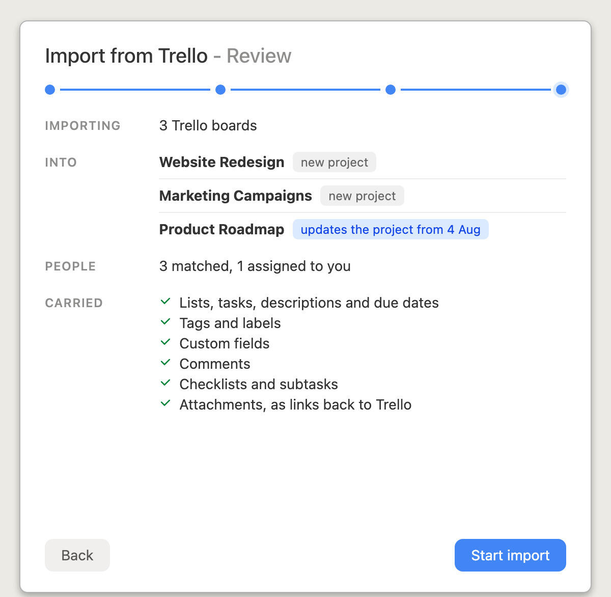 Reviewing a Trello import in Breeze before starting it