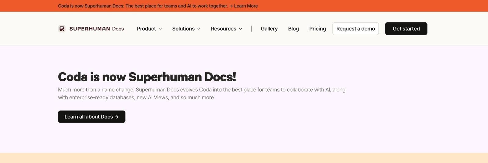 coda.io showing the Superhuman Docs logo and a banner reading Coda is now Superhuman Docs