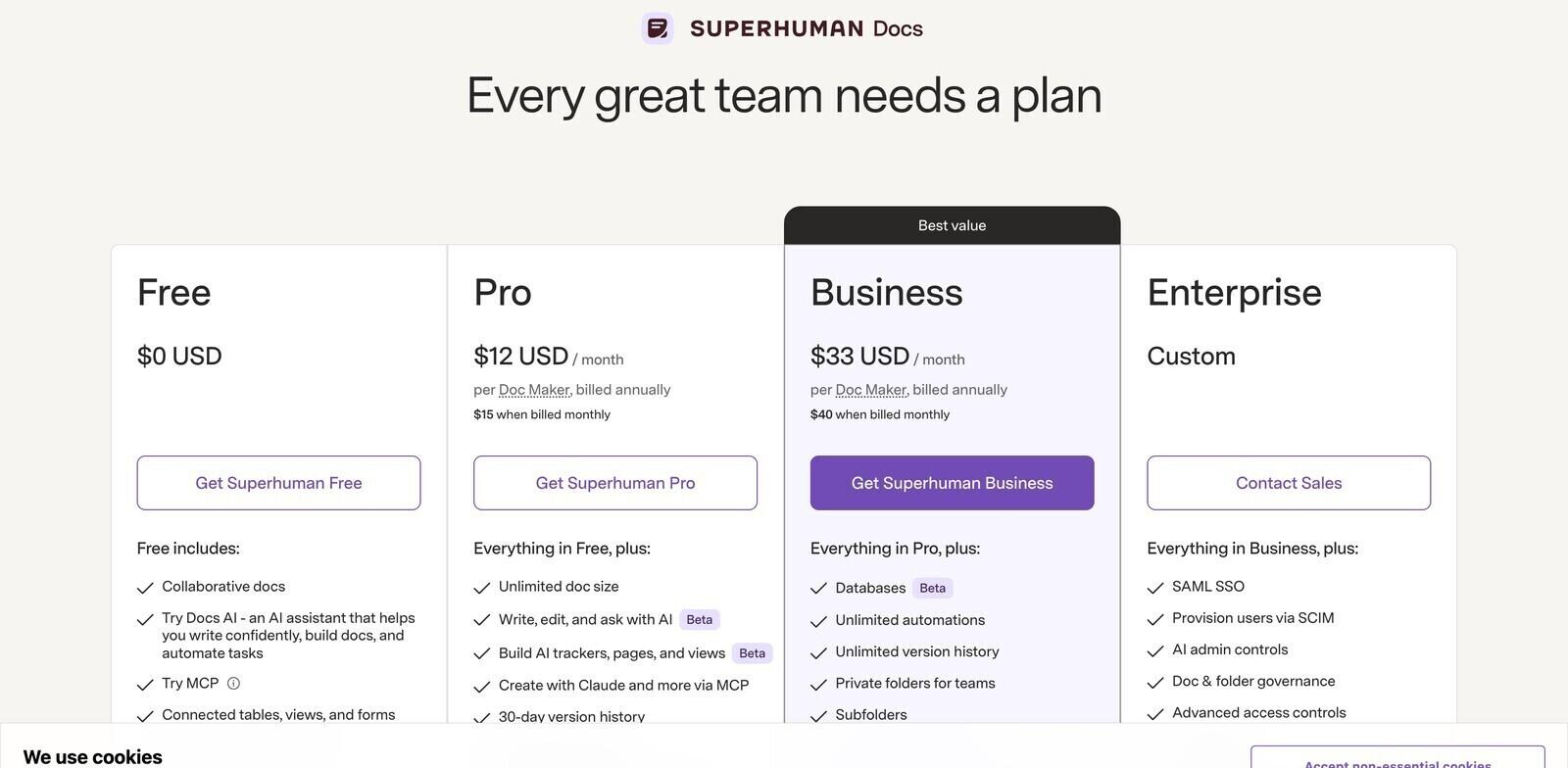 Superhuman Docs plans page showing Free, Pro at 12 dollars, Business at 33 dollars and Enterprise