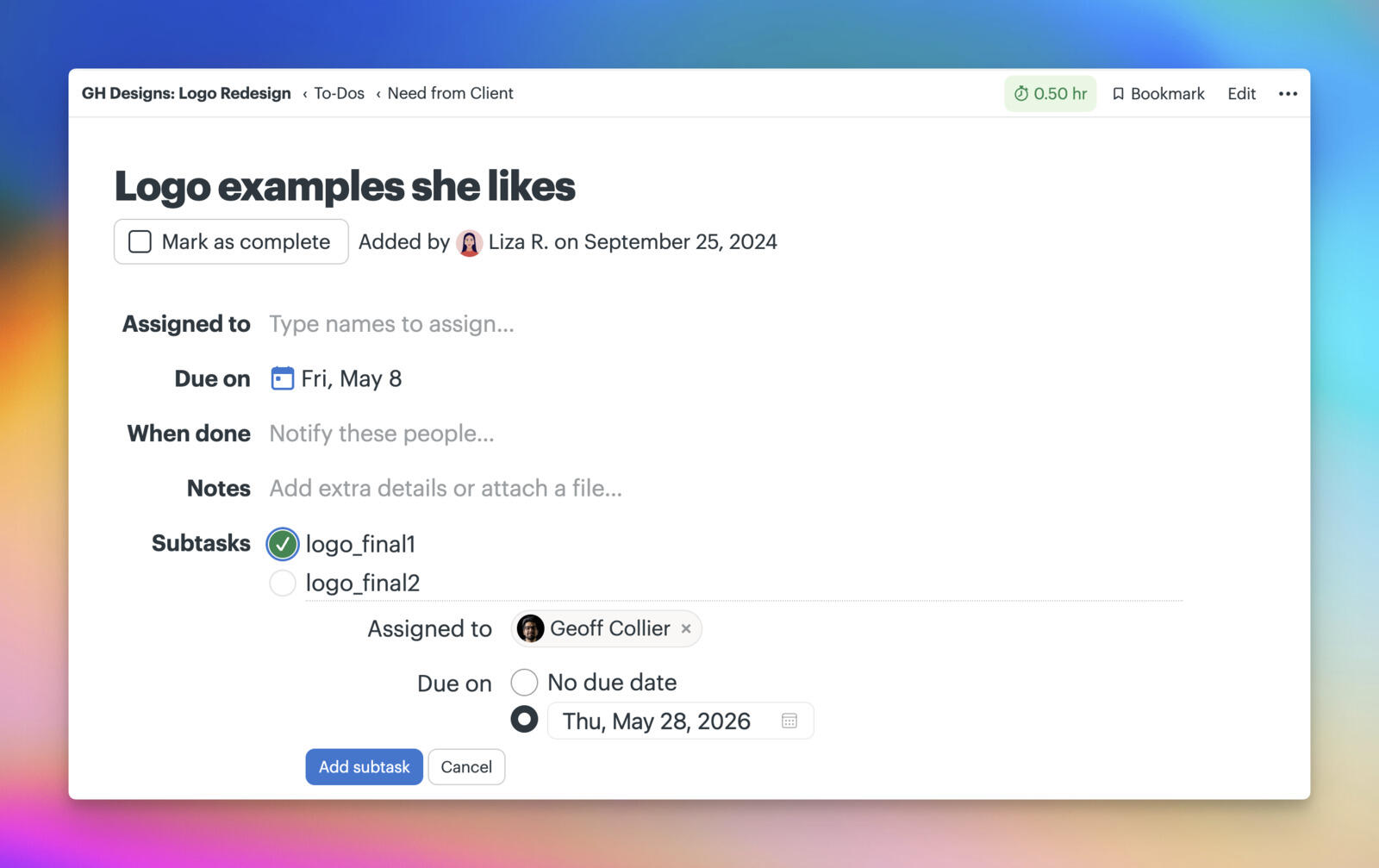 A Basecamp to-do with two subtasks, one completed and one open, showing assignee and due date fields on the subtask