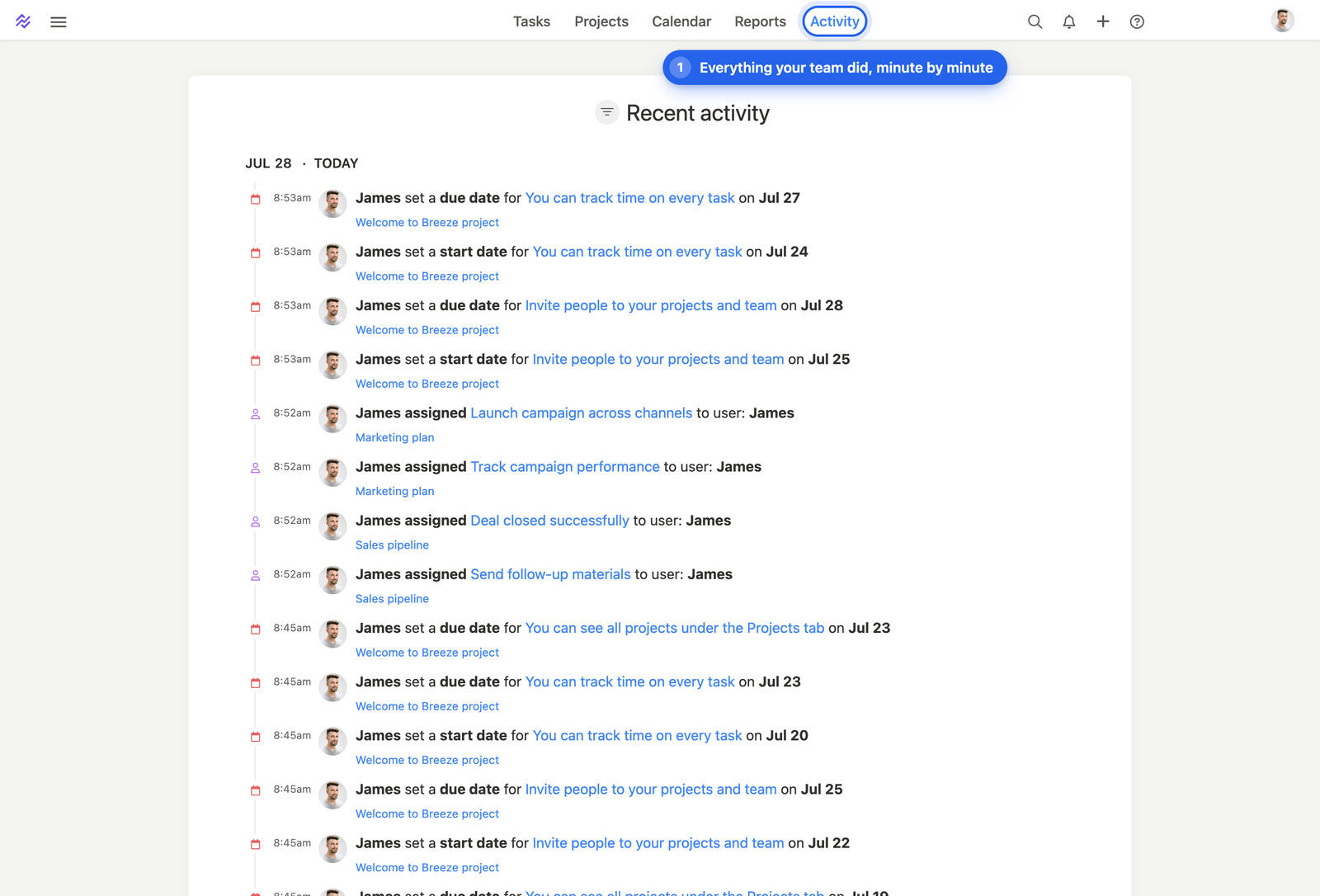 The Breeze Activity page showing a timeline of recent changes made by the team