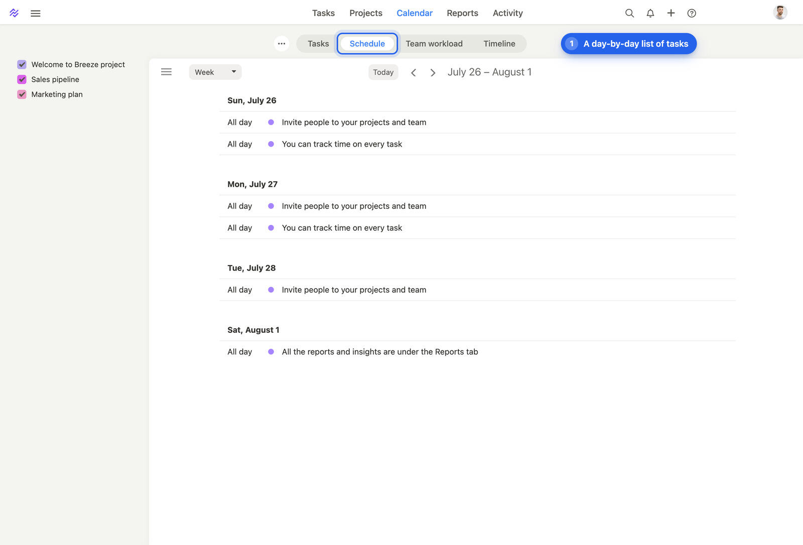 The Breeze calendar Schedule tab listing tasks day by day for a week