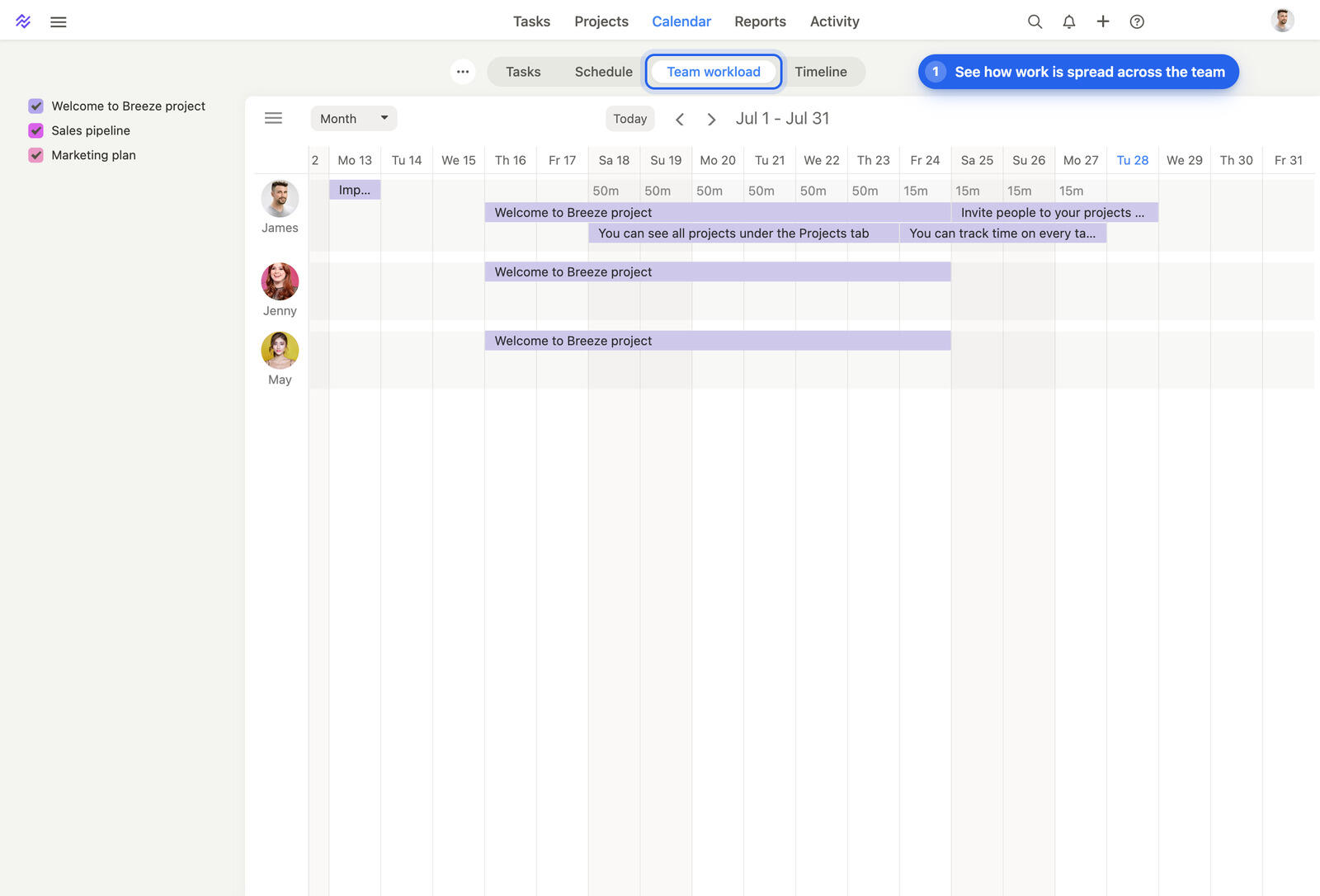 The Breeze calendar Team workload tab with a row per team member showing their tasks across the month
