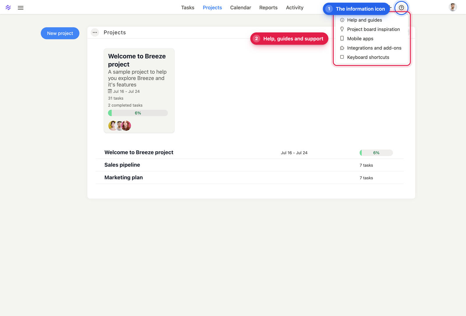 The Breeze information menu open with links to help and guides, project board inspiration, mobile apps, integrations and keyboard shortcuts