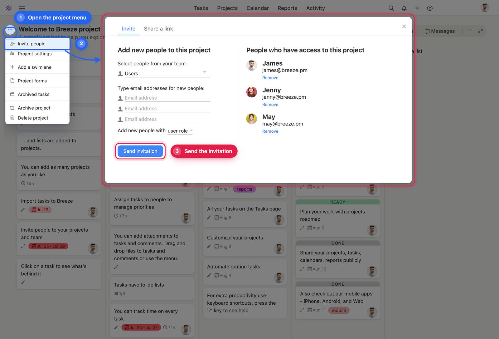 The Breeze project menu open next to the invite people dialog, showing how to add people to a project