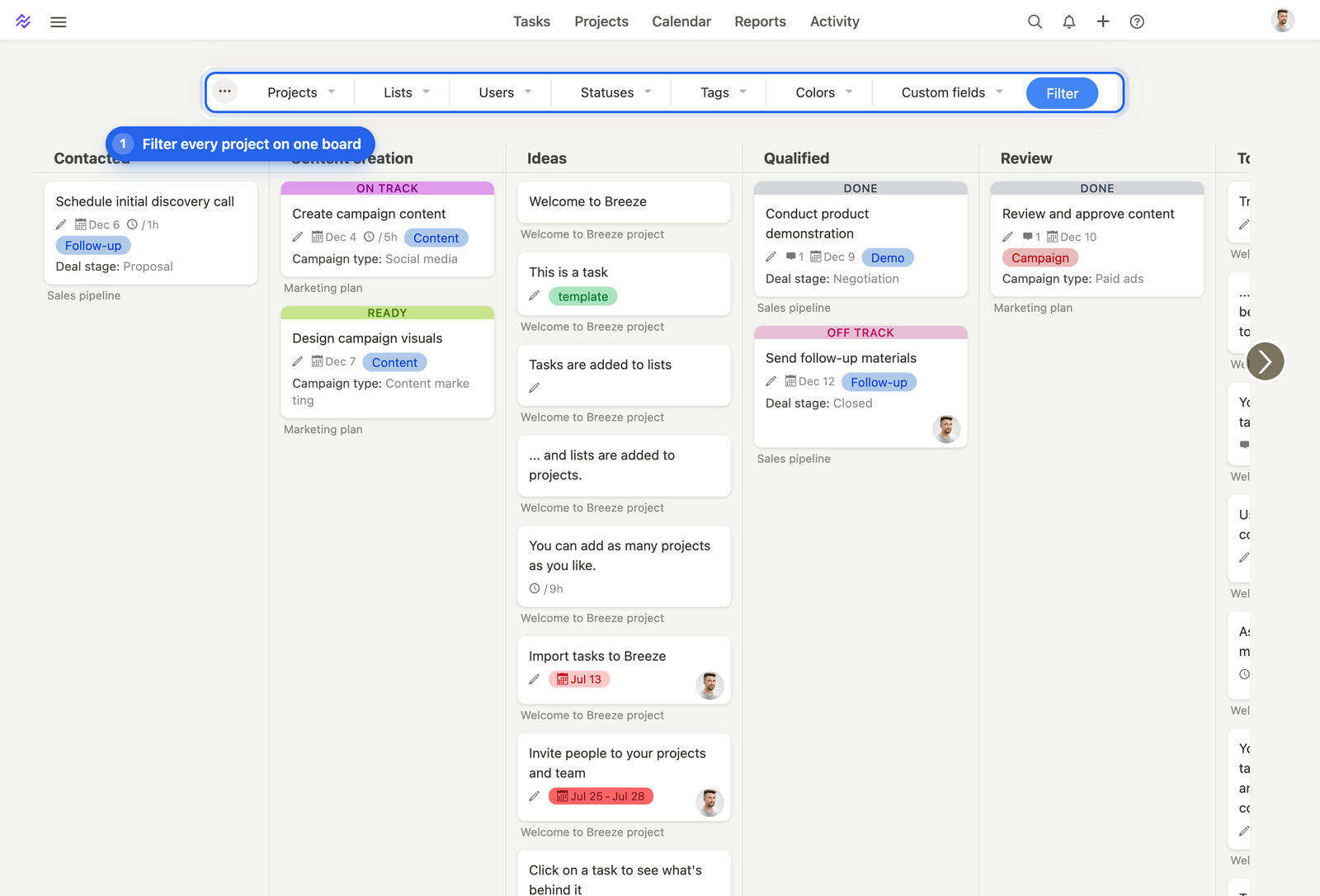 The Breeze master task board showing tasks from every project in one board with the filter bar above