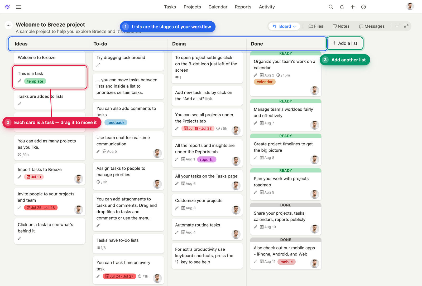 A Breeze project board with the Ideas, To-do, Doing and Done lists and task cards