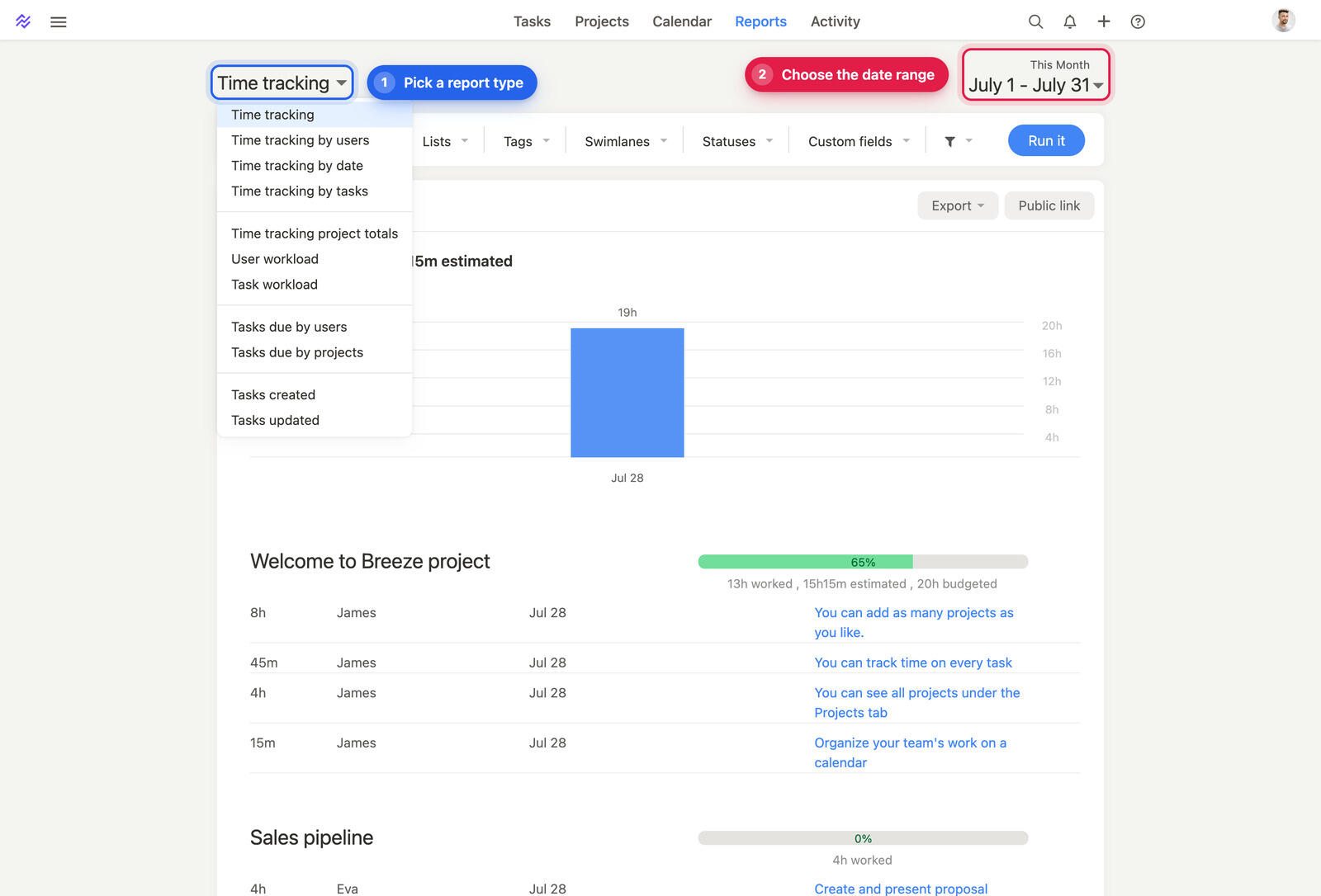 The Breeze Reports page with the report type menu open and a time tracking report below it
