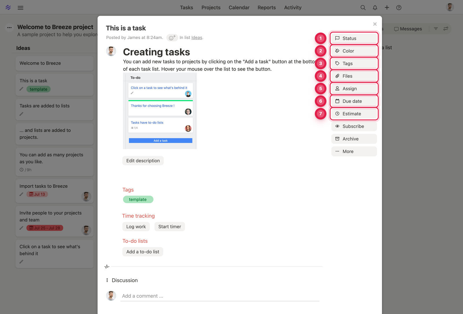 The Breeze task attributes numbered one to seven: Status, Color, Tags, Files, Assign, Due date and Estimate