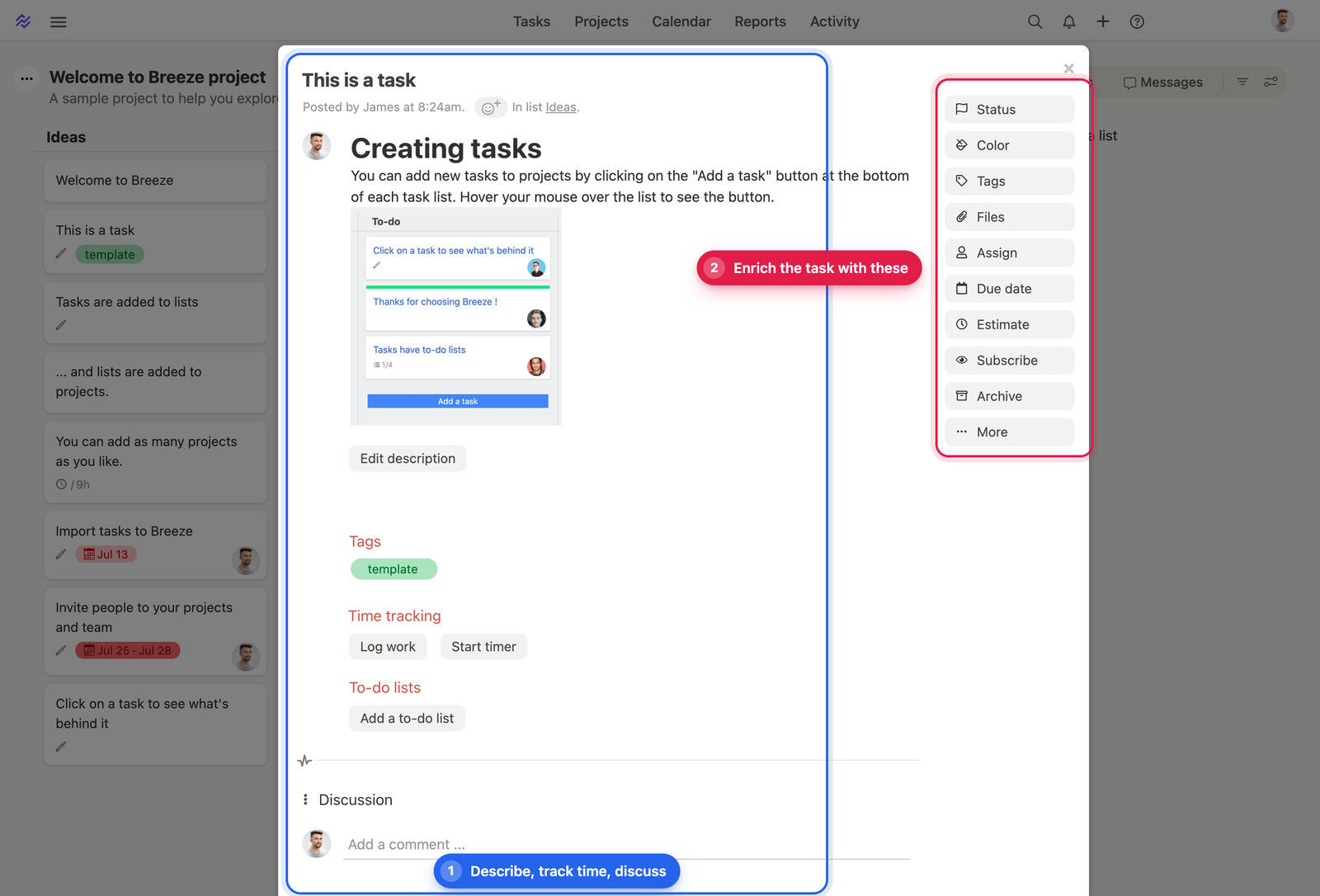 The Breeze task window with the description, time tracking, to-do lists and discussion on the left and the task attributes on the right
