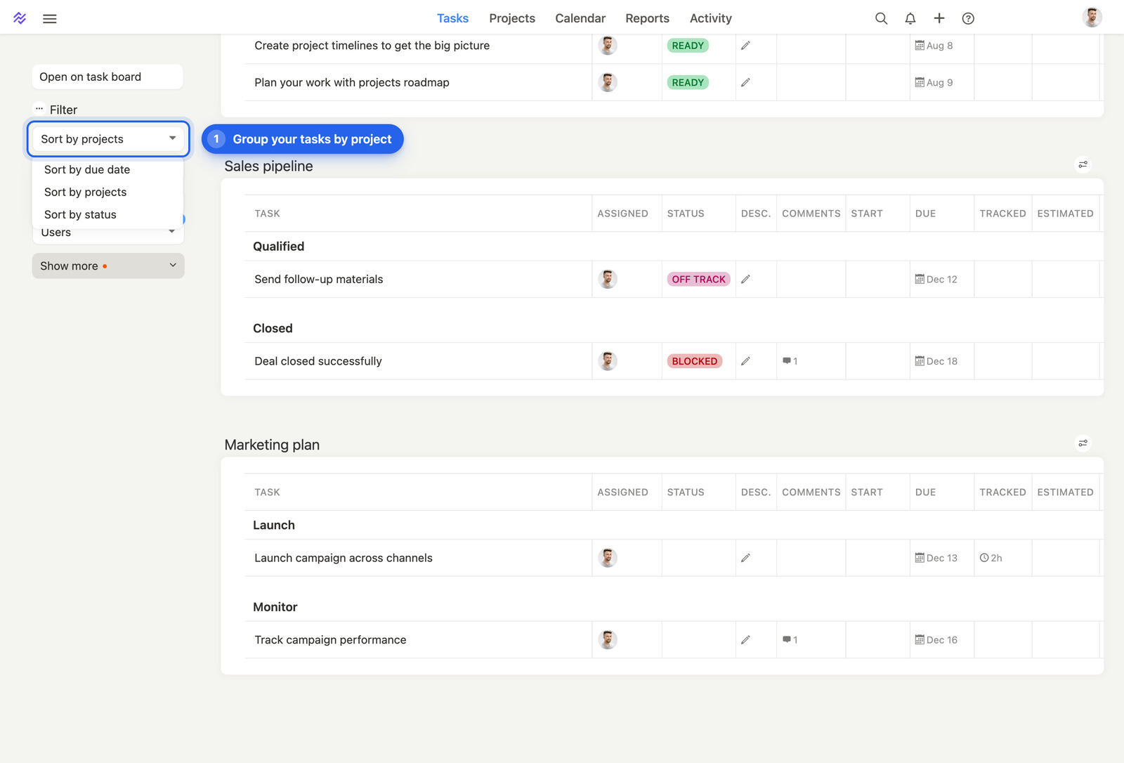 The Breeze Tasks page grouped by project, with the sort menu open showing sort by due date, projects and status