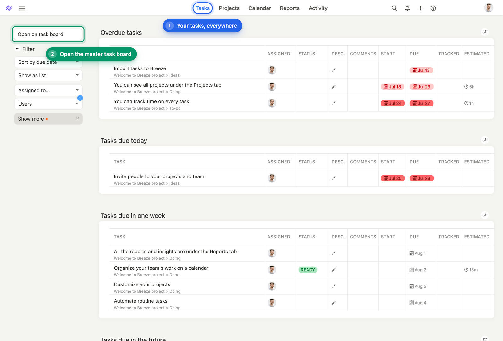 The Breeze Tasks page with tasks grouped by due date into overdue, due today and due this week