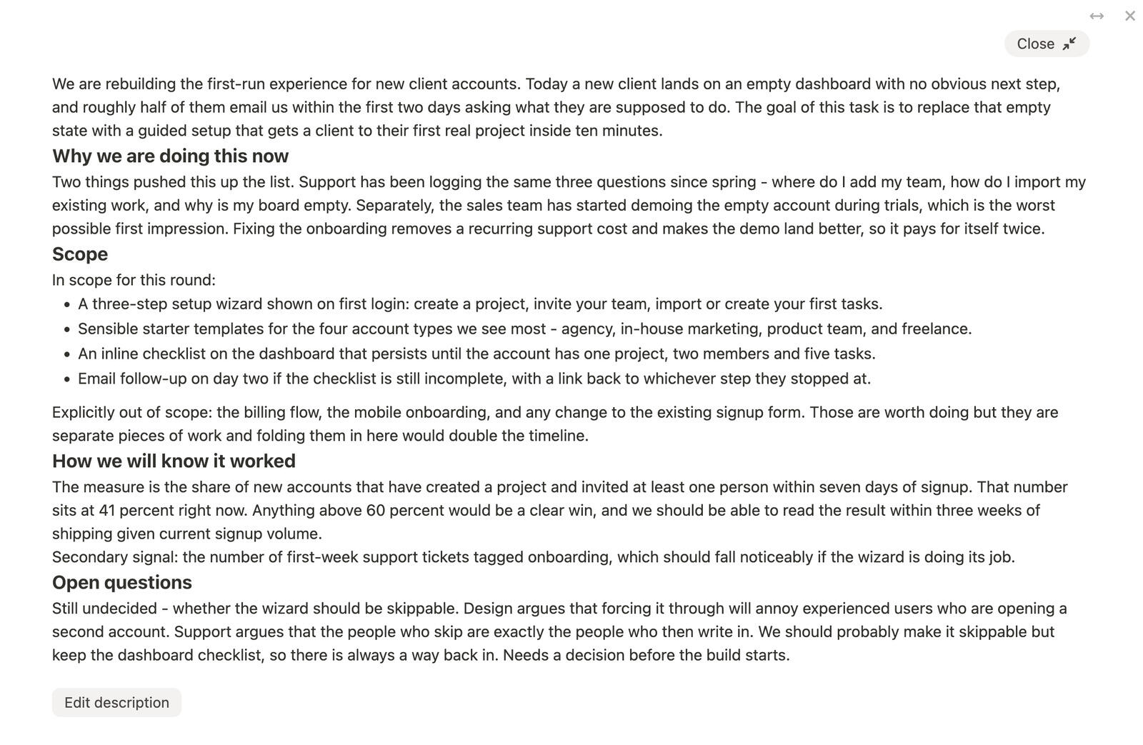 A long task description expanded to fill the Breeze task window, with the sidebar and other sections hidden