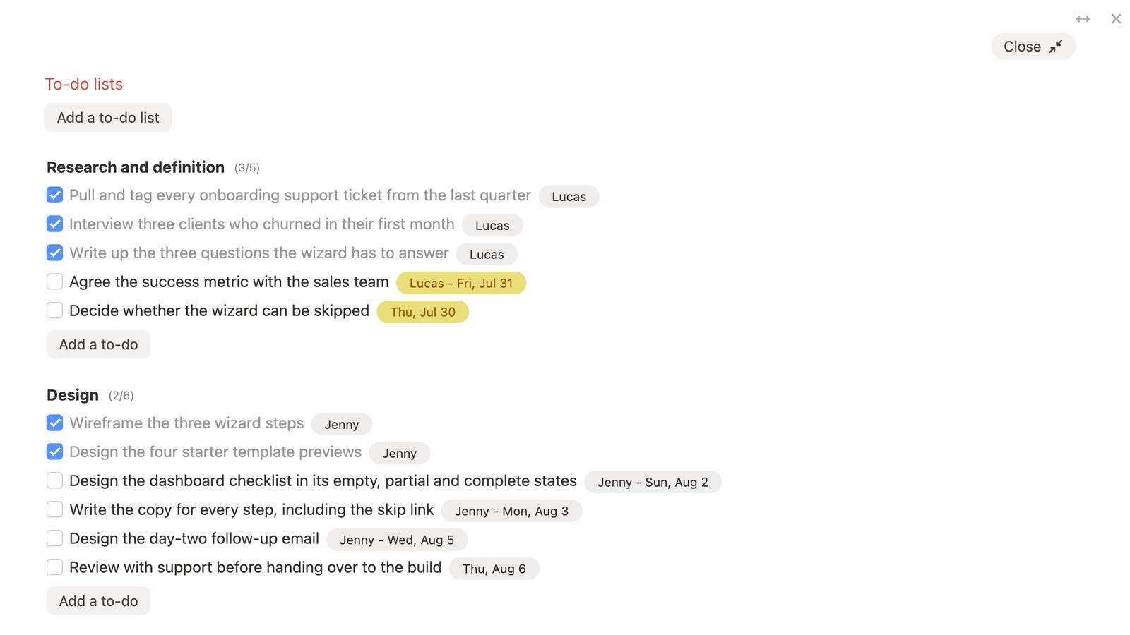 Three to-do lists on one Breeze task shown together in full screen, with owners and due dates