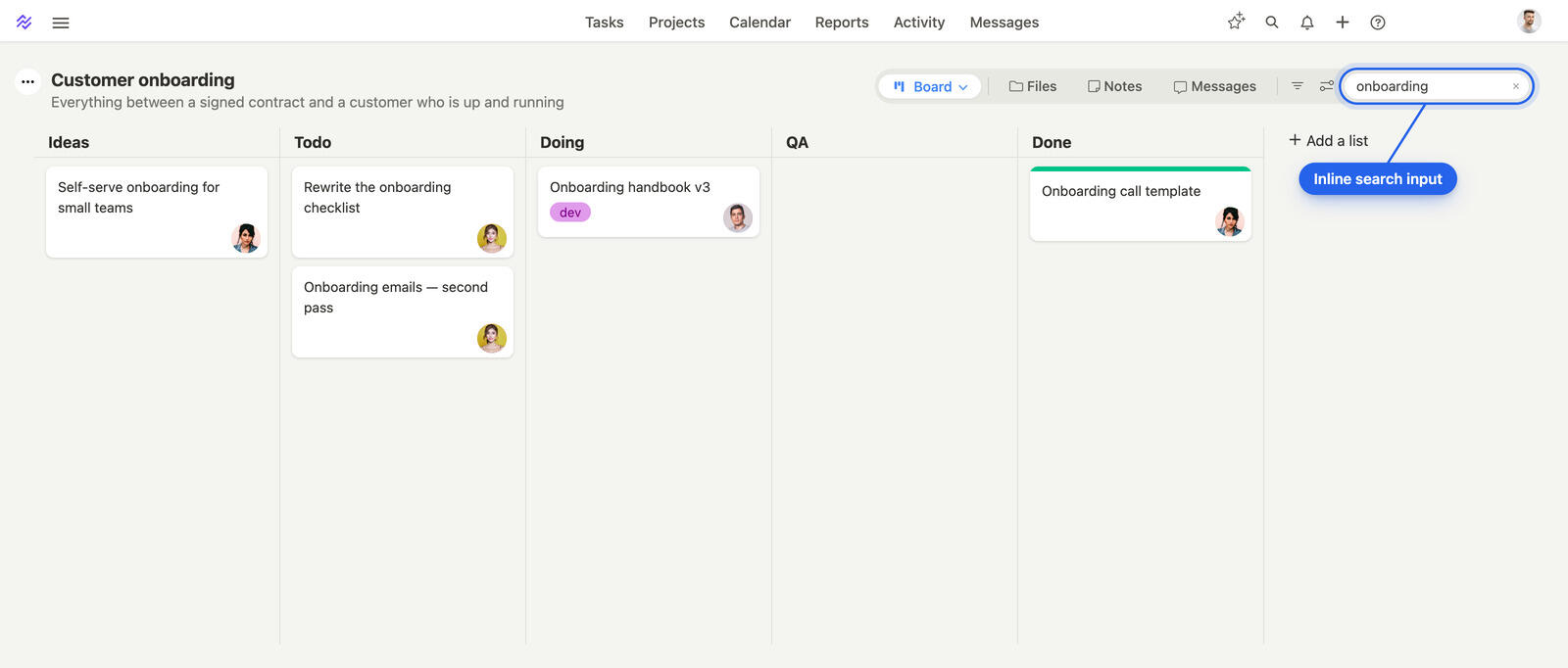 A Breeze project board narrowed to a few matching tasks by the toolbar search box